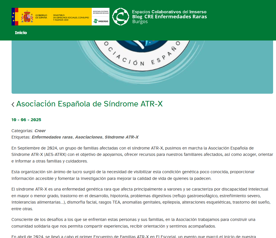 Pantallazo del blog de CREER en el que hablan sobre AES-ATRX